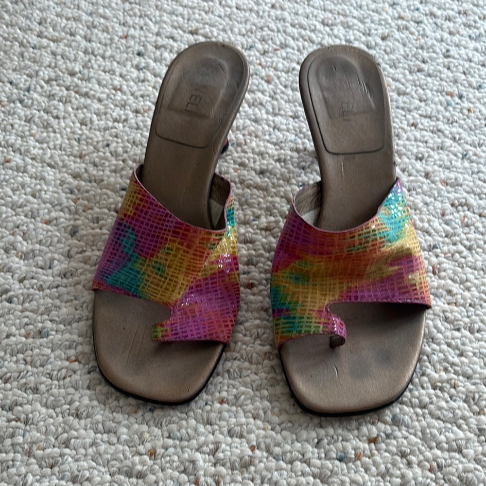 Vibrant Pink and Yellow Mules with Woven Straps